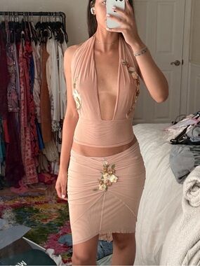Y2K RARE EMA SAVAL SET Blush Halter Mesh Two-Piece Dress with Floral Appliqué